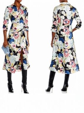 Cinq a Sept Jacey Button Down Long Sleeve Tie Skirt Overlay Floral Midi Dress